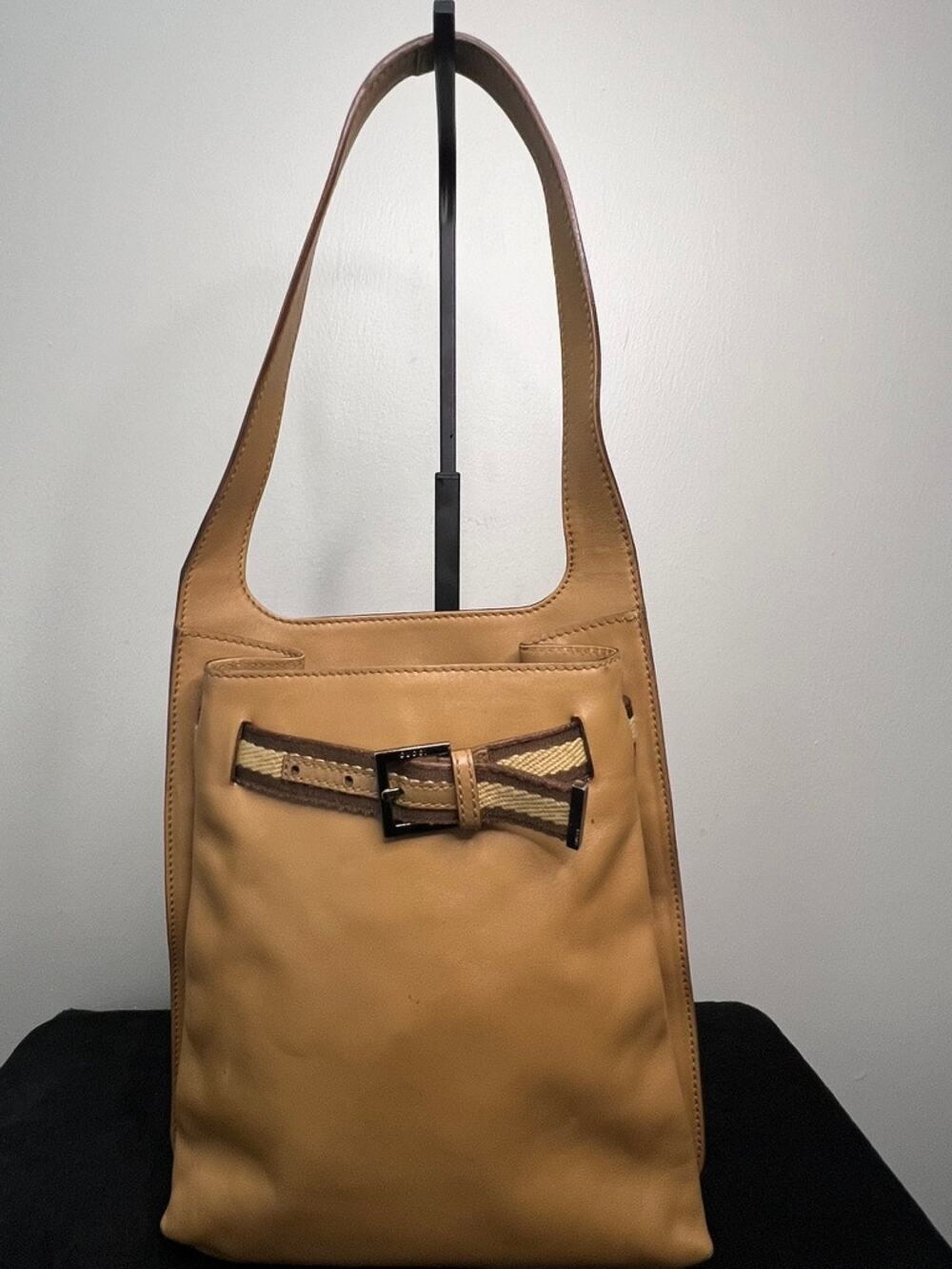 Gucci Vintage Tan Leather Hobo Shoulder Bag Woven Belt Detail Made in Italy